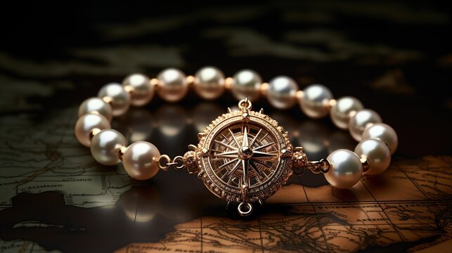 A radiant pearl bracelet gracing the wrist of a wanderlust-filled adventurer as she sets off on a voyage across uncharted seas.  