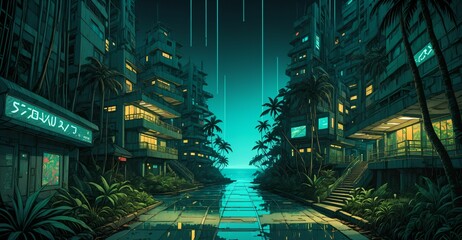 Sticker - cyberpunk lo-fi sci-fi tropical city street with palm trees and buildings. narrow town road by the beach at sundown sea sunset in summer. landscape cityscape wallpaper background