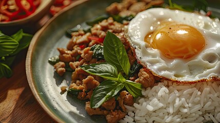 Sticker - Macro shot of Pad Krapow Moo Krob with steam rice, crispy pork, Holy Basil, and a fried egg, stunningly styled