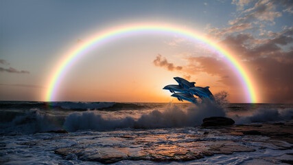 Poster - Group of dolphins jumping on the water at sunset, amazing rainbow in the background - Beautiful seascape and blue sky
