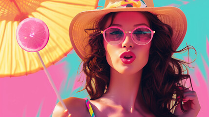 Wall Mural - A woman with a pink umbrella and sunglasses is holding a lollipop. The image has a fun and playful mood, with the bright colors of the umbrella and the lollipop adding to the cheerful atmosphere.