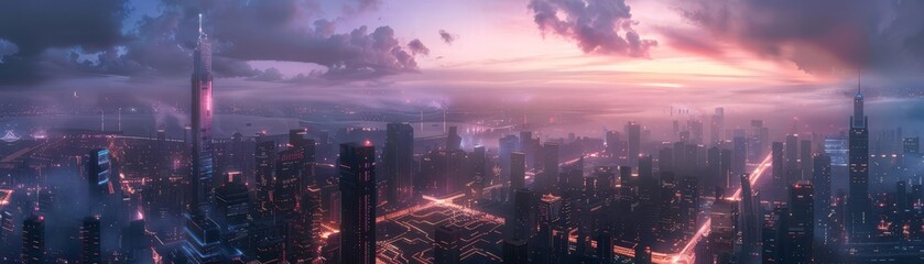 Wall Mural - Dawn breaks over a hightech city, streets like circuits lit with soft glows, majestic view of urban awakening, tranquil yet alive