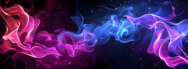 Wall Mural - Two glowing neon pink and purple flames dancing on a black background, shiny glittering lights, fantasy illustration, dreamy

