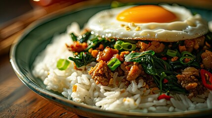 Sticker - Yummy Pad Krapow Moo Krob with steam rice, crispy pork, Holy Basil, and a fried egg on top, macro shot