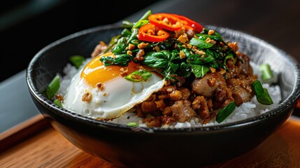 Wall Mural - Yummy Pad Krapow Moo Krob with steam rice, crispy pork, Holy Basil, and a fried egg on top, macro shot