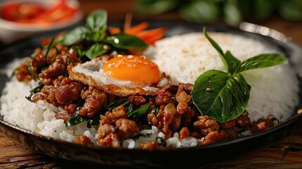 Wall Mural - Yummy Pad Krapow Moo Krob with steam rice, crispy pork, Holy Basil, and a fried egg, macro shot, beautifully styled