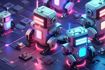 Poster - Digital art image showcasing an array of advanced robots on an illuminated assembly line