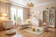 © ImagineWorld - Cozy and Modern Baby Nursery with Natural Light, Wooden Flooring, and Soft Pastel Decor Featuring a Crib, Shelves, and Comfortable Seating Area for a Warm and Inviting Atmosphere