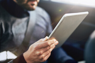 Aufkleber - Tablet, reading and travel in car with businessman, networking and communication in city. Connection, online and internet with technology for stock market or ebook for working and career research