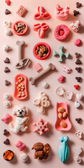Wall Mural - Pet accessories and food of different shapes, arranged on a light isolated background