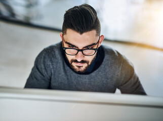 Aufkleber - Computer, reading or man typing for IT support, engineering or problem solving online firewall in office. Technician, cybersecurity upgrade or programmer coding on web for troubleshooting in startup