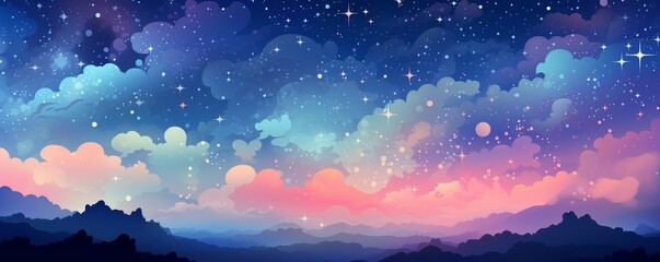 A beautiful starry night sky with vibrant pink and blue clouds, creating a dreamy and serene landscape above distant mountain silhouettes.