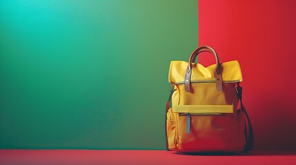 Wall Mural - Yellow school bag against a colorful background of green and red gradient.