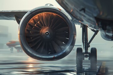Wall Mural - Detailed view of a jet engine on an airplane's wing at a foggy airfield