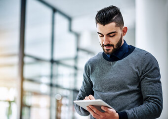 Aufkleber - Digital tablet, designer and thinking in office for ideas, research and networking in modern workplace. Man, creative and technology in company for tech, interior design and social media at agency