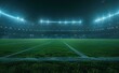 © Aleena - 3D rendering of an empty soccer stadium with bright lights and a grass field at night. In the style of a background banner design template for a football match or championship concept