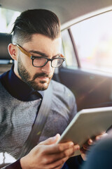 Aufkleber - Tablet, businessman and reading in car for networking, streaming and communication in city. Connection, online and internet with technology for stock market or ebook for work and career research