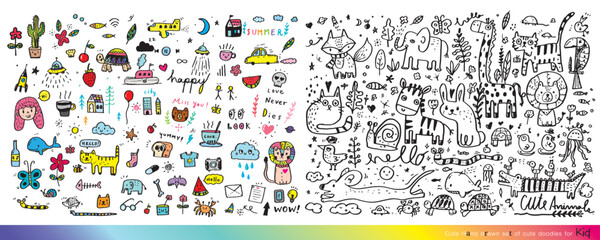 Wall Mural - Collection of hand drawn cute doodles,Doodle children drawing,Sketch set of drawings in child style,Funny Doodle Hand Drawn,Page for coloring, cute animal hand drawn