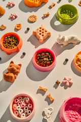 Wall Mural - Pet food and accessories in different shapes on a light isolated background