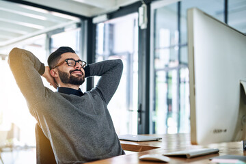 Poster - Businessman, stretching and relax at desk with computer, smile and break in office. Financial consultant, worker and rest with success in workplace for deadline, target and happiness for deal