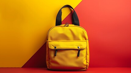 Wall Mural - Yellow school bag isolated on a gradient background merging red and yellow.
