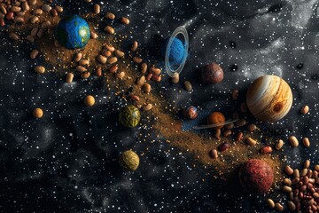 Wall Mural - A creative representation of beans as planets in a galaxy-themed generated by AI