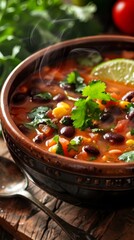 Wall Mural - A steaming bowl of traditional Mexican bean soup garnished generated by AI