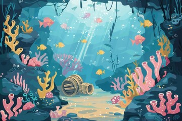 Wall Mural - Colorful underwater scene with vibrant coral, fish, and a sunken barrel in a tranquil ocean world, illuminated by sun rays from above.