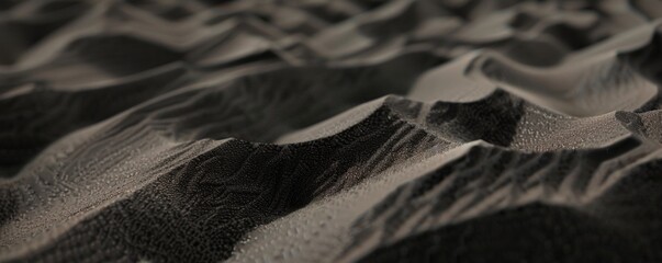 Wall Mural - Desert sand. Close-up view of desert sand with subtle black hues color, showing delicate ripples and textures. The soft lighting accentuates intricate patterns, creating a serene captivating scene