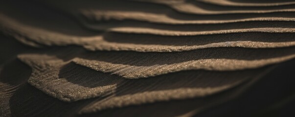 Wall Mural - Desert sand. Close-up view of desert sand with subtle black hues color, showing delicate ripples and textures. The soft lighting accentuates intricate patterns, creating a serene captivating scene