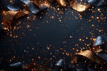 Wall Mural - golden and silver confetti and serpentine ribbons against black with empty space