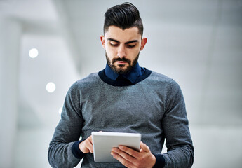 Aufkleber - Designer, digital tablet and thinking in office for ideas, research and networking in modern workplace. Man, creative and technology in company for tech, interior design and social media at agency