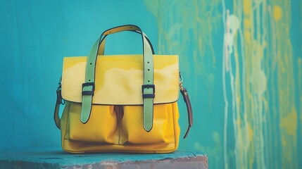 Wall Mural - Yellow school bag set on a dreamy gradient of blue and green hues.