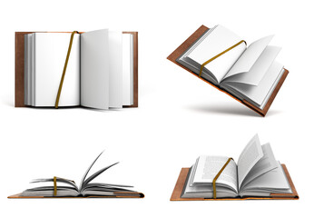 Set of Open book in a leather cover 3d render on white