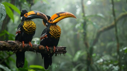 High-quality image of hornbills perched on a branch, with a forest clearing in the background