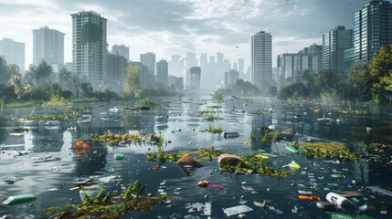 High-quality image of a polluted city lake with floating trash, affecting wildlife