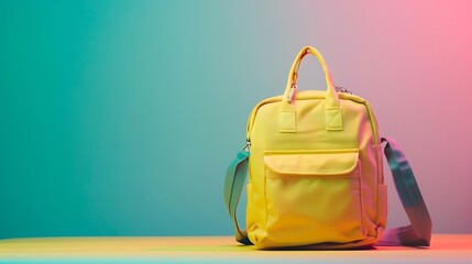 Wall Mural - Yellow school bag with a soft gradient background of pink and green hues.