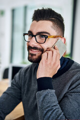 Aufkleber - Phone call, male consultant and smile in office for conversation, communication and networking. Happy, technology and businessman in workplace for talking, listening and advice for client in New York