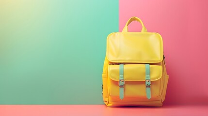 Wall Mural - Yellow school bag with a soft gradient background of pink and green hues.