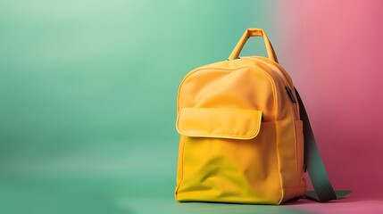 Wall Mural - Yellow school bag with an abstract gradient background of green and pink.