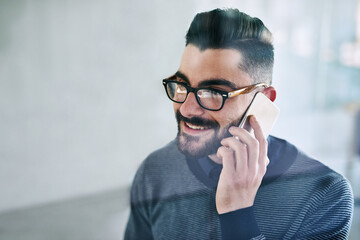 Aufkleber - Consultant, phone call and businessman in office for conversation and networking. communication, technology and mobile in workplace for talking, listening and advice or contact for client with pride