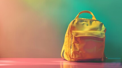 Wall Mural - Yellow school bag with an abstract gradient background of green and pink.