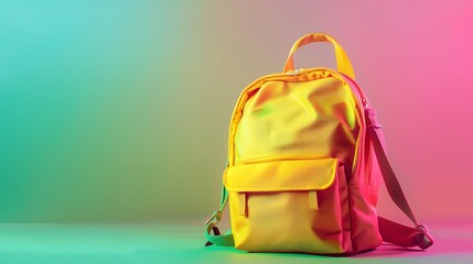 Wall Mural - Yellow school bag with an abstract gradient background of green and pink.