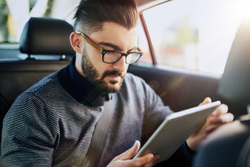 Aufkleber - Businessman, tablet and travel in car for networking, streaming and communication in city. Connection, online and reading with technology for stock market or ebook for work and career research