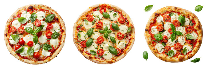 Wall Mural - Set of delicious Italian pizza with fresh basil, mozzarella, and tomatoes, isolated on a transparent background