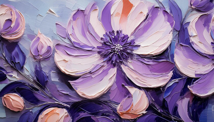 Wall Mural - Abstract spring or summer flowers, purple acrylic painting on canvas. Oil painting, brush strokes.