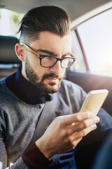 Aufkleber - Businessman, cellphone and travel in car for networking, online and research or email. Connection, communication and reading with internet and technology for social media, transport and work in city