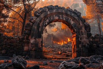 Historic stone archway stands amid a forest fire, with a dramatic sunset illuminating the scene