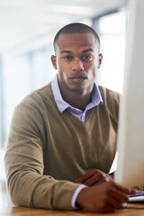 Leinwandbilder - Business, man and serious portrait working, assertive and computer in creative workplace with web designer. Company, email and online project for website, planning and report for professional career