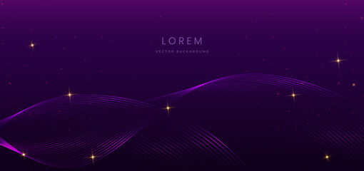 Wall Mural - Elegant purple luxury background with glowing wave lines and sparkle.